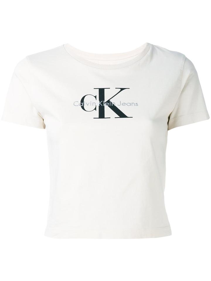 Calvin Klein Jeans - Cropped Logo T-shirt - Women - Cotton - M, Women's, Nude/neutrals, Cotton