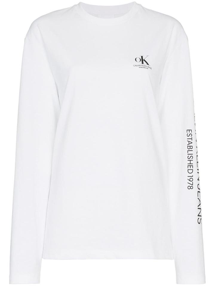 Calvin Klein Jeans Est. 1978 Ok Logo Print Long Sleeve T-shirt - White