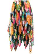 Richard Quinn Floral Print Asymmetric Pleated Skirt - Yellow & Orange