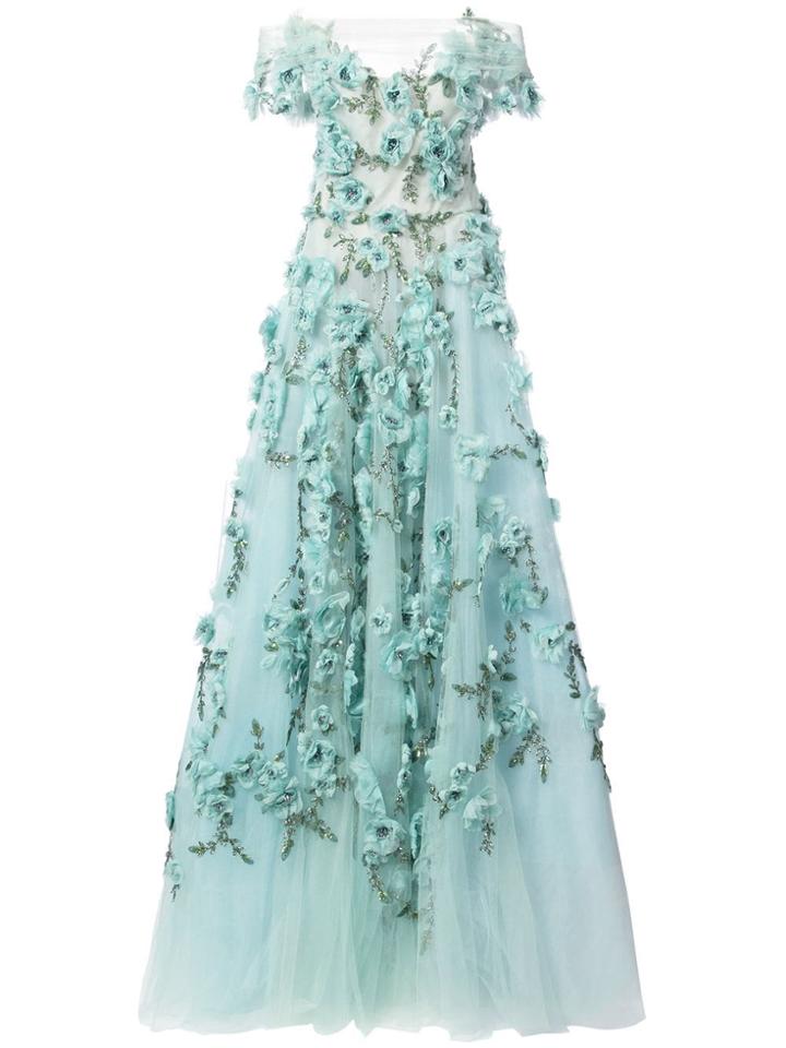 Marchesa Off-the-shoulder Floral-appliquéd Gown - Green