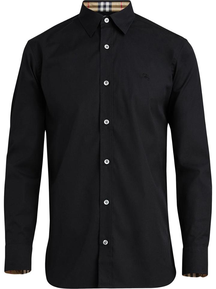Burberry Check Cuff Stretch Cotton Poplin Shirt - Black