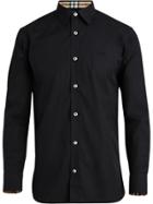 Burberry Check Cuff Stretch Cotton Poplin Shirt - Black