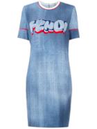 Fendi Logo Applique Shift Dress, Women's, Size: 42, Blue, Glass/mink Fur/viscose/silk