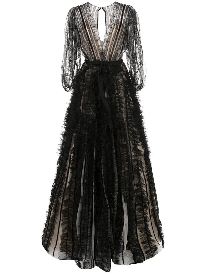 Marchesa Flared Tulle Panelled Gown - Black
