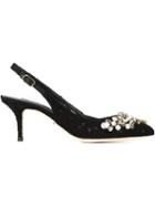 Dolce & Gabbana Lace Embellished Slingback Pumps, Women's, Size: 35, Black, Cotton/glass/metal Other/leather