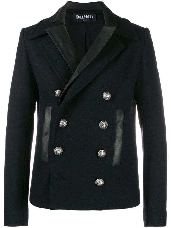 Balmain Leather Layered Double Breasted Coat - Black