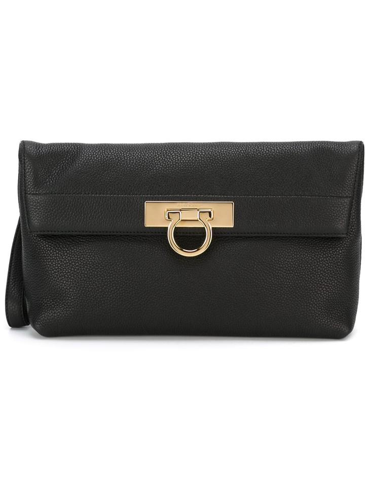 Salvatore Ferragamo Gancio Flap Clutch, Women's, Black, Leather