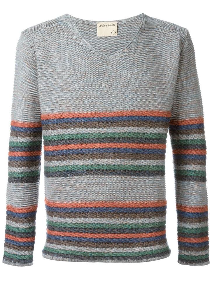 Al Duca D'aosta 1902 Striped V-neck Jumper, Men's, Size: Large, Grey, Cotton