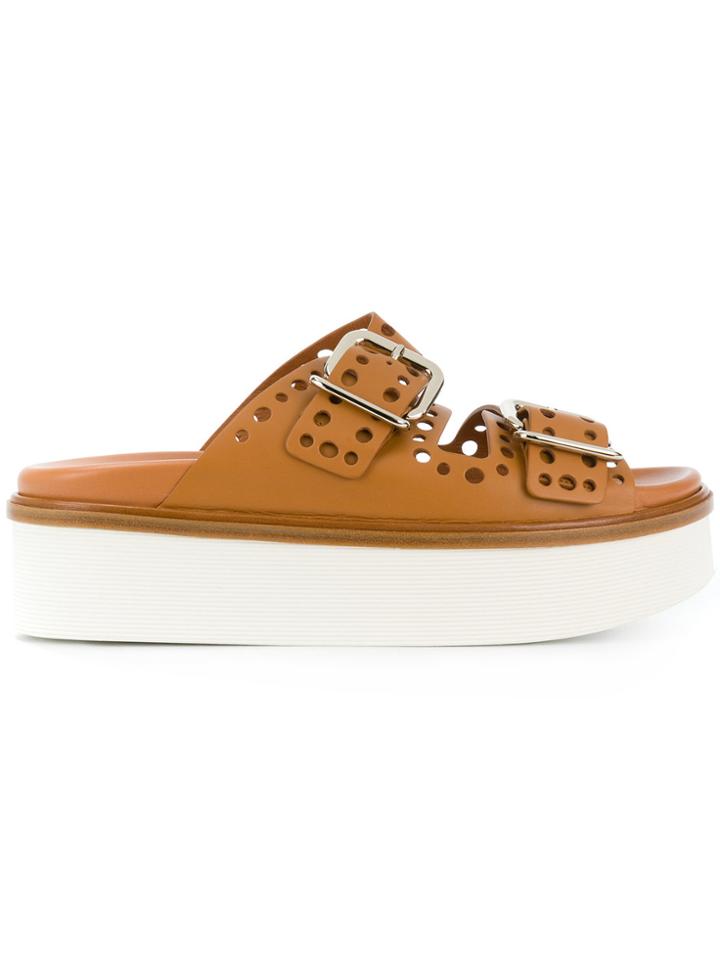 Tod's Punched Hole Double Strap Platform Sandals - Brown