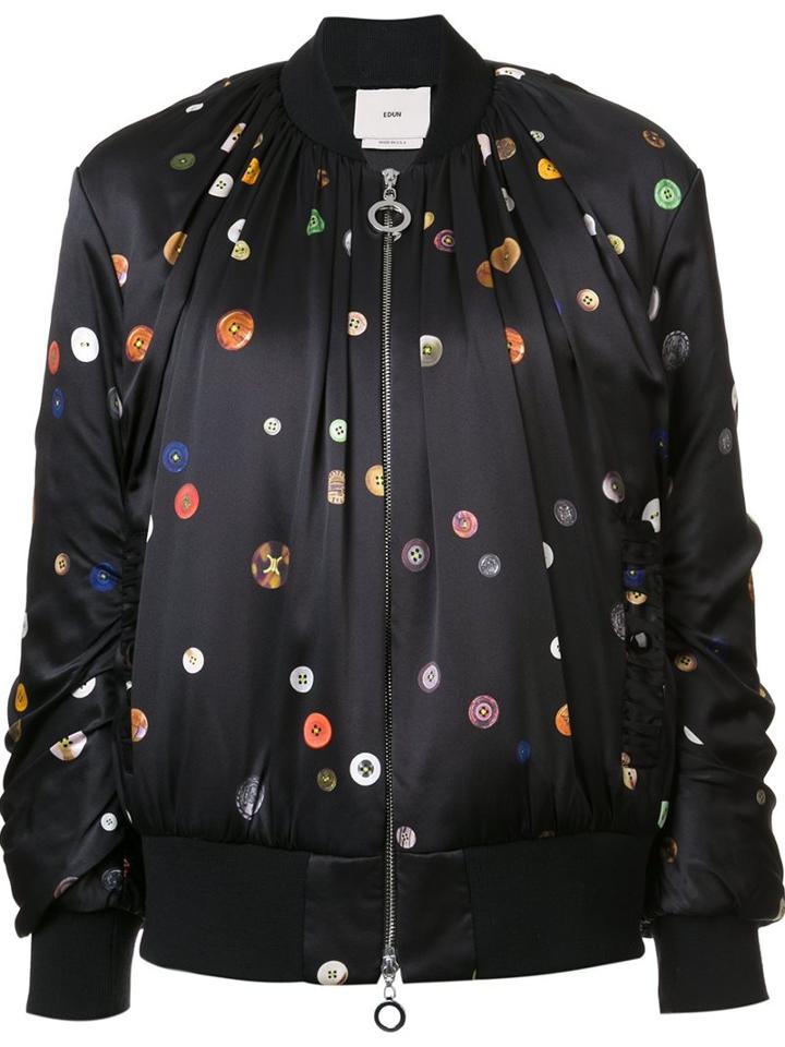 Edun Button Print Satin Bomber, Women's, Size: 4, Black, Silk