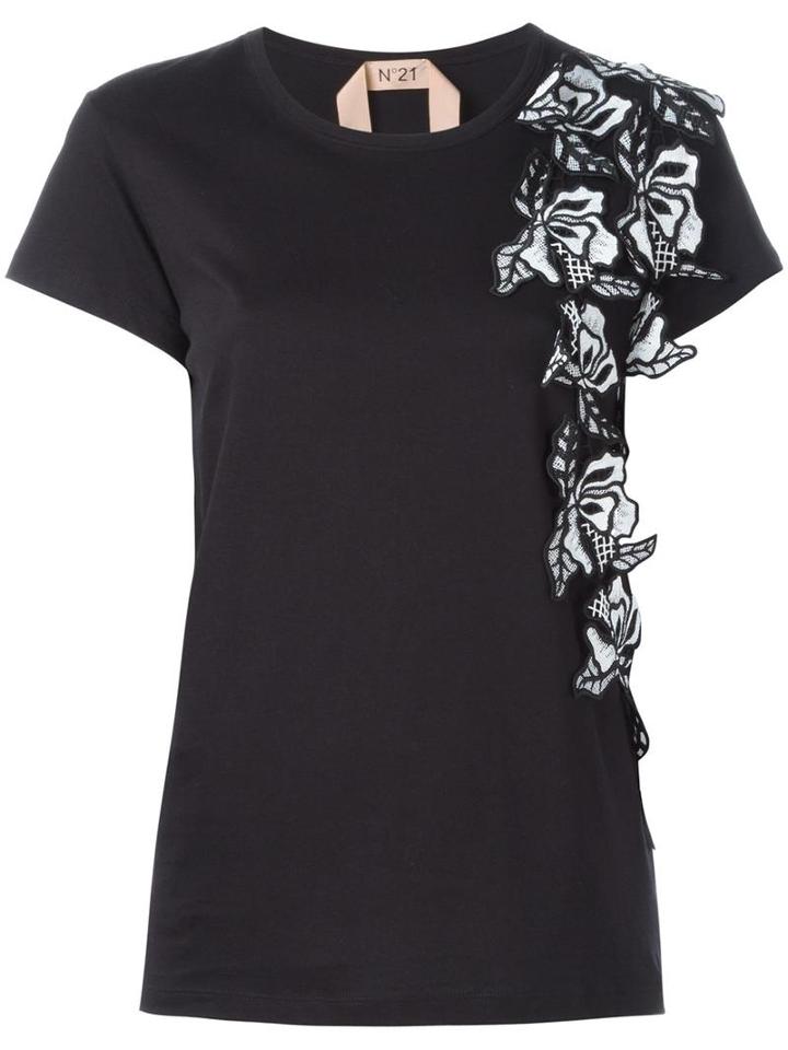 No21 Floral Embellished T-shirt, Women's, Size: 46, Black, Cotton/polyester