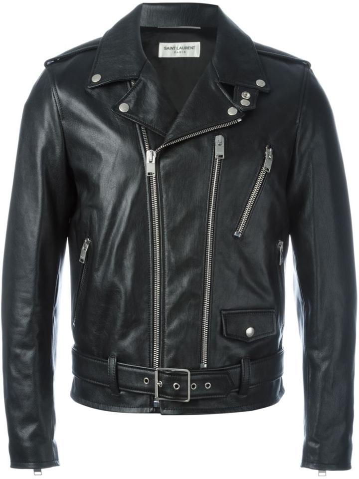 Saint Laurent Leather Biker Jacket, Men's, Size: 48, Black, Lamb Skin/cupro/cotton