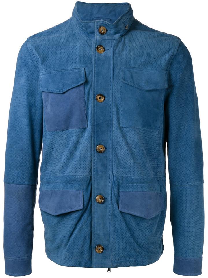 Eleventy Four Pocket Patchwork Jacket, Men's, Size: 54, Blue, Cotton/suede/spandex/elastane/polyester