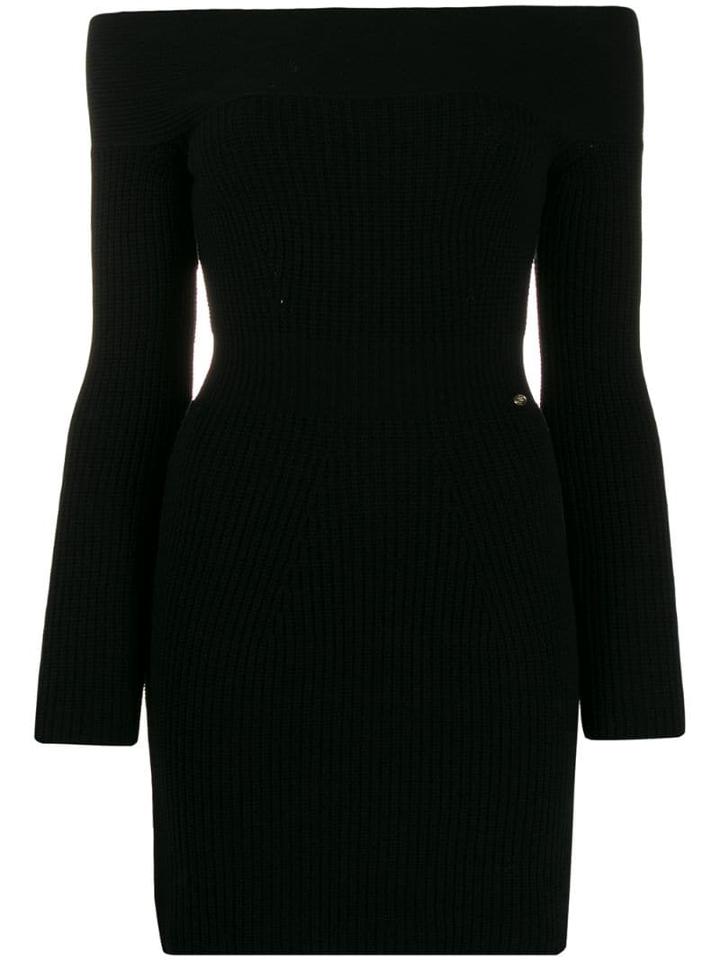 Elisabetta Franchi Off Shoulder Ribbed Knit Dress - Black