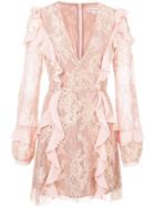 For Love And Lemons V-neck Ruffle Lace Dress - Pink & Purple