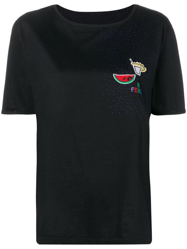 Fendi Vintage 1980's Floral Embroidery T-shirt - Black