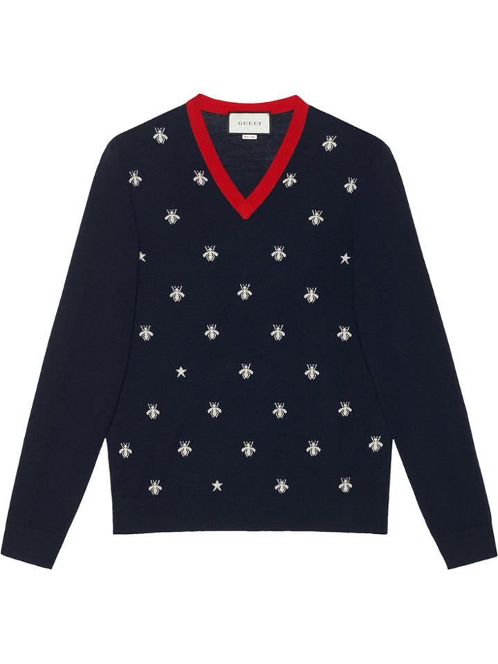 Gucci Wool V-neck With Bees And Stars - Blue