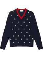 Gucci Wool V-neck With Bees And Stars - Blue