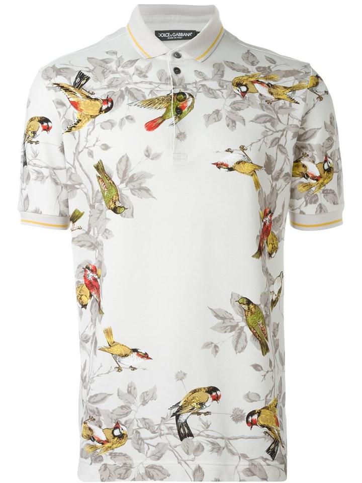 Dolce & Gabbana Bird Print Polo Shirt, Men's, Size: 52, Grey, Cotton