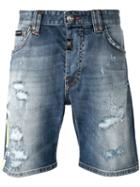 Philipp Plein Distressed Printed Denim Shorts, Men's, Size: 31, Blue, Cotton/spandex/elastane