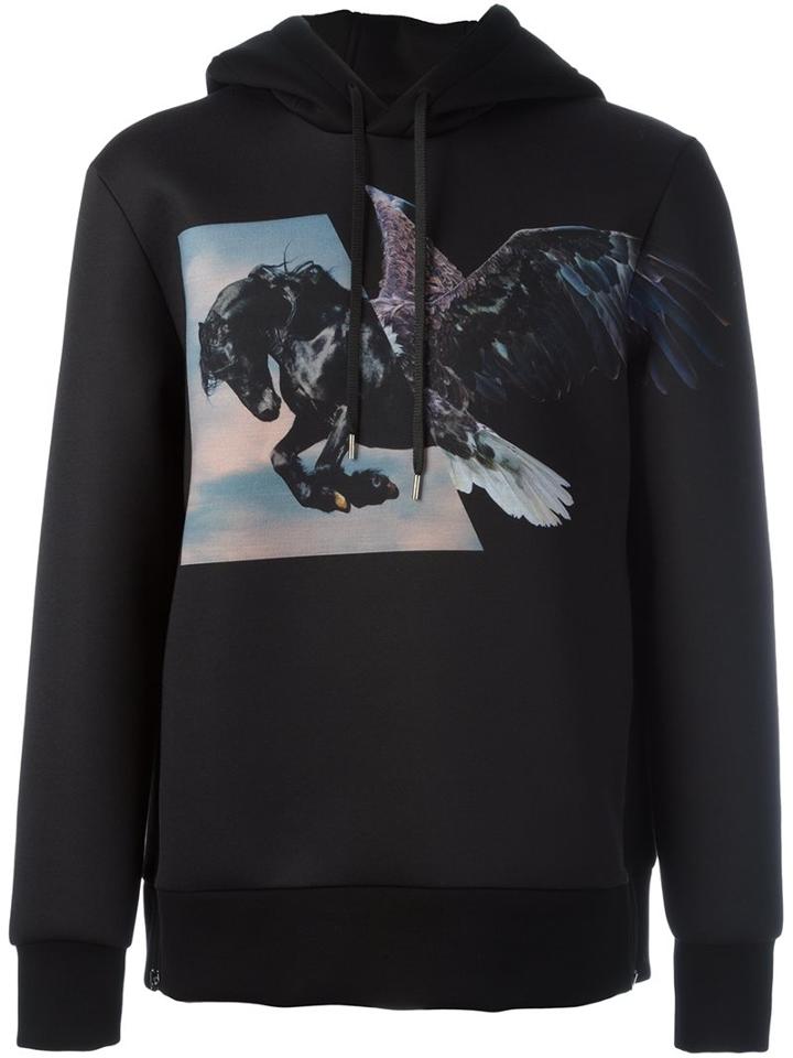 Neil Barrett Winged Horse Print Hoodie, Men's, Size: Large, Black, Polyester/polyurethane/viscose