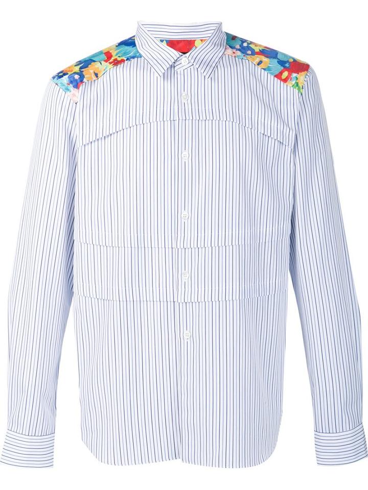 Comme Des Garçons Homme Plus Floral Print Shoulder Striped Shirt, Men's, Size: Small, Blue, Cotton