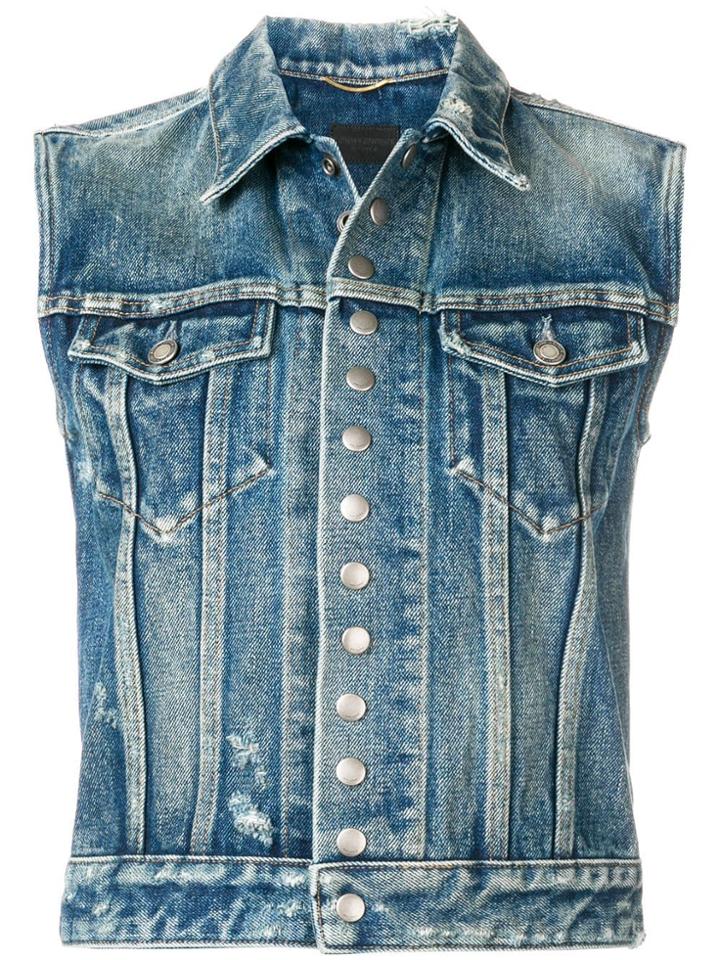 Saint Laurent Distressed Denim Gilet - Blue