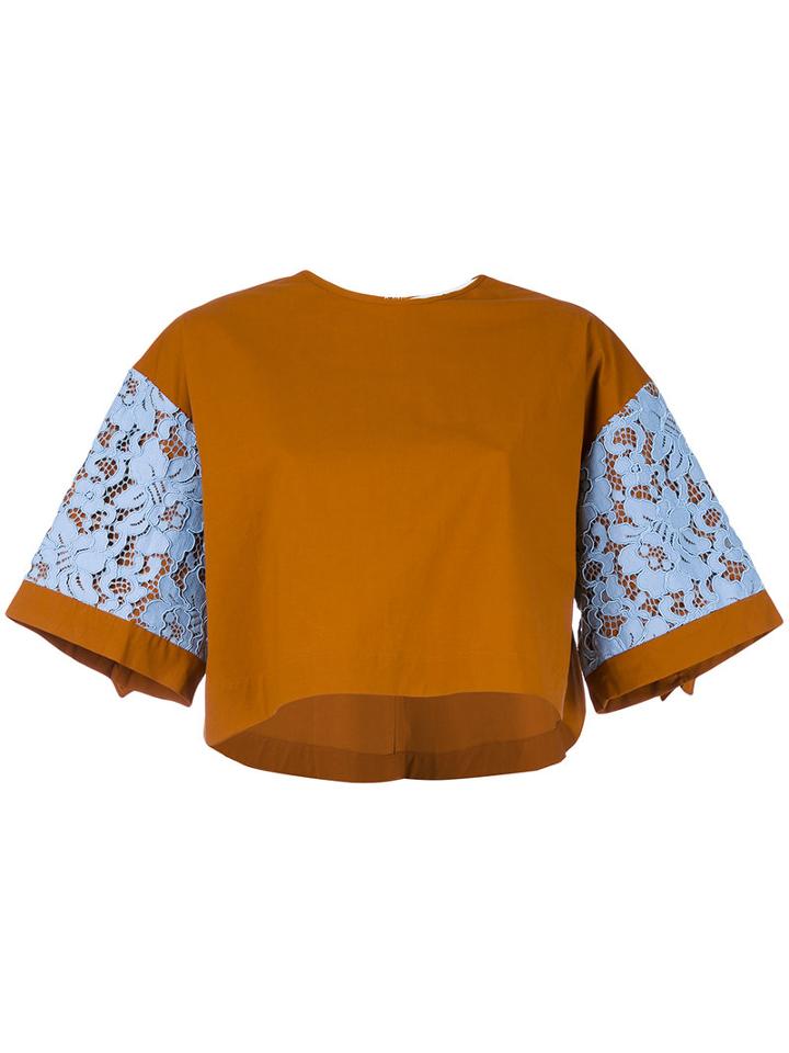 Msgm - Lace Inserts T-shirt - Women - Cotton/polyurethane/spandex/elastane - 42, Brown, Cotton/polyurethane/spandex/elastane