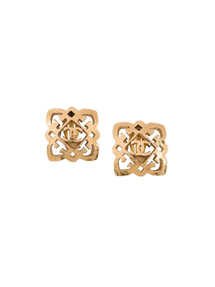 Chanel Vintage Square Logo Cut Out Earring, Women's, Metallic