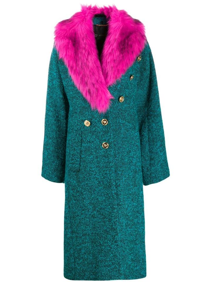 Versace Faux-fur Collar Felt Coat - Blue