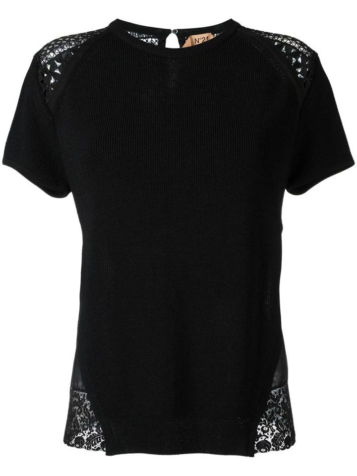 No21 Lace Detailing Knitted T-shirt, Women's, Size: 42, Black, Polyester/viscose