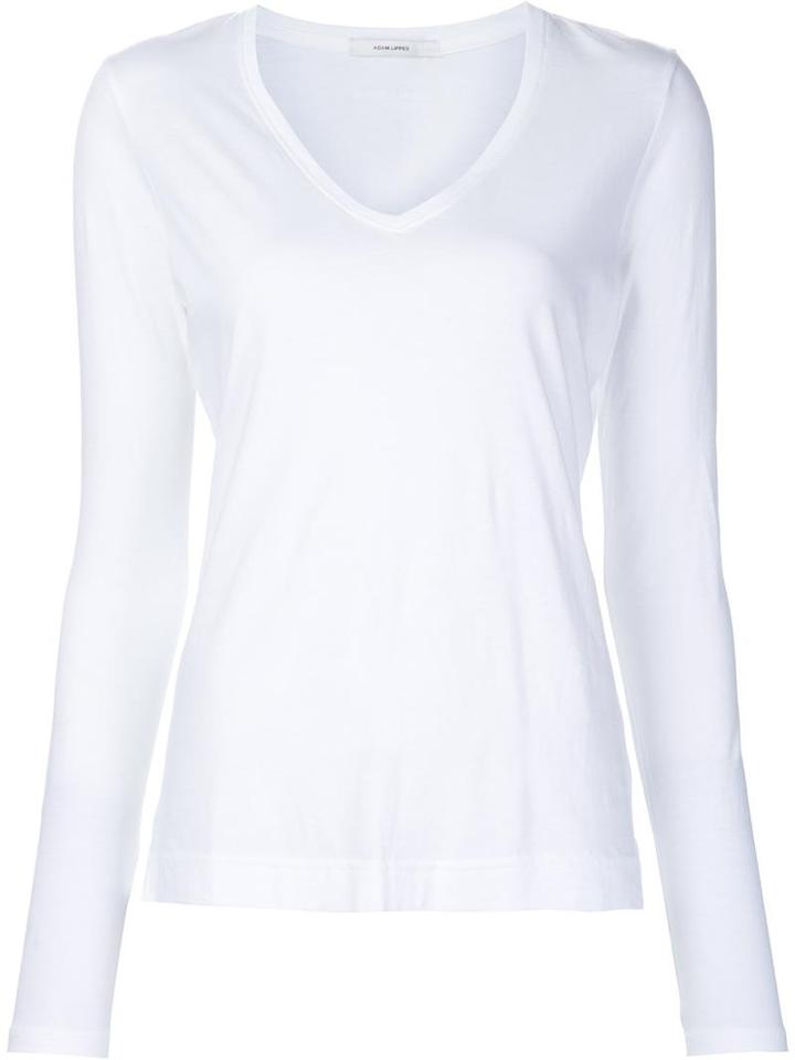 Adam Lippes Longsleeved V-neck T-shirt, Women's, Size: Small, White, Cotton