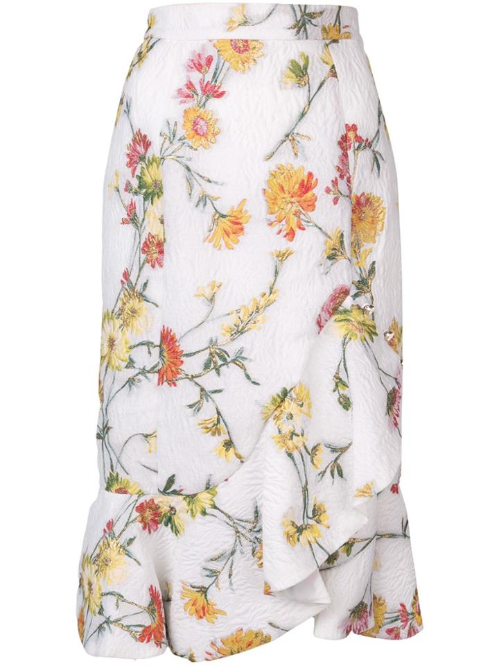 Prabal Gurung Ruffled Hem Floral Jacquard Skirt - White