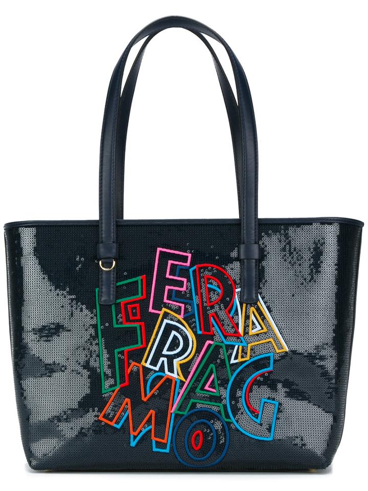 Salvatore Ferragamo Slogan Tote, Women's, Blue, Calf Leather/polyester/pvc