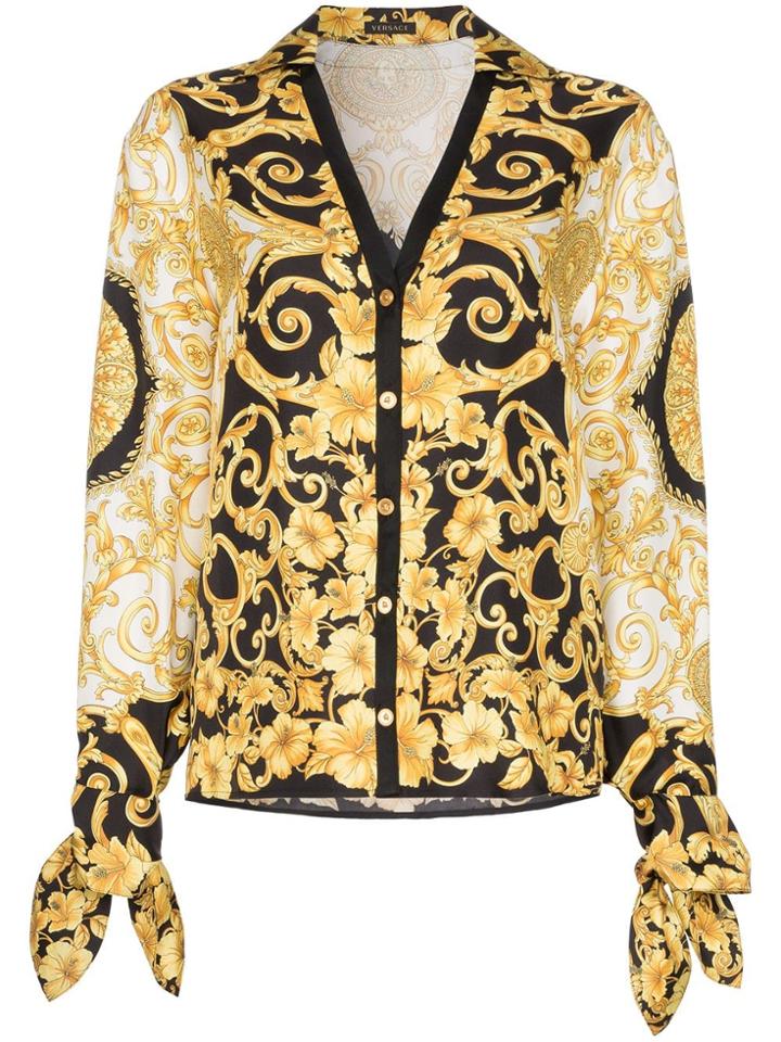 Versace V-neck Printed Silk Blouse - Black