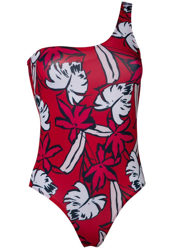 Nos Beachwear Floral One Shoulder Swimsuit - Red