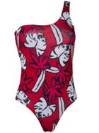 Nos Beachwear Floral One Shoulder Swimsuit - Red