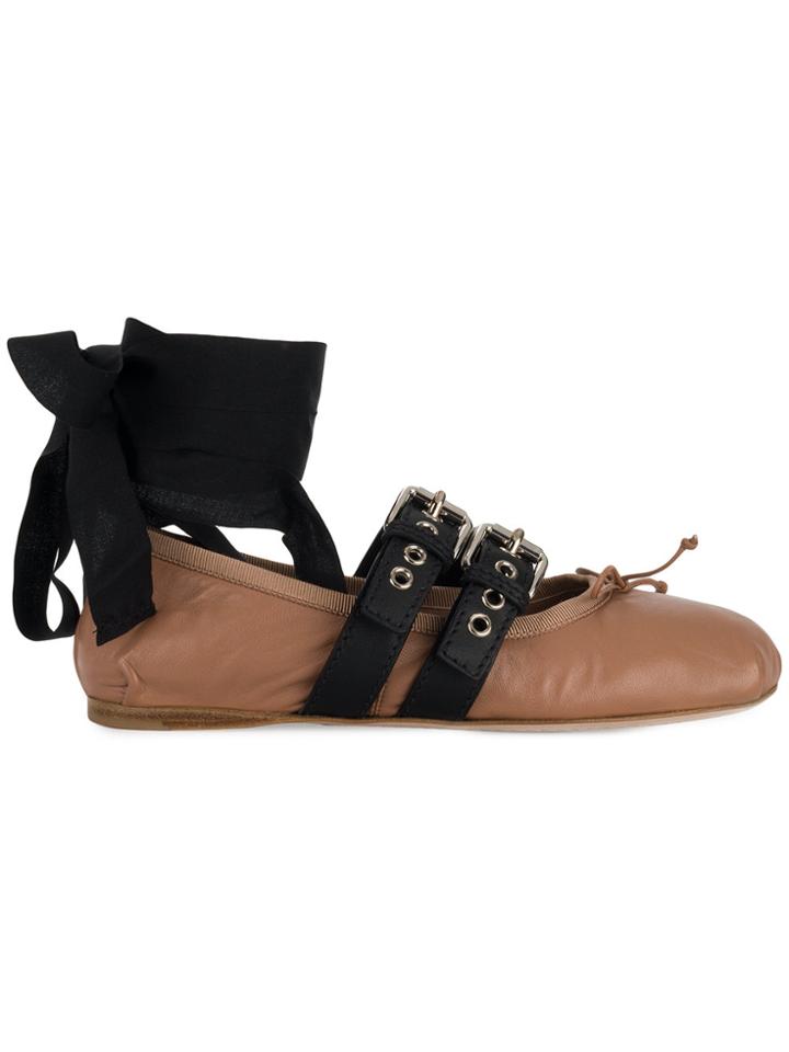 Miu Miu Ankle Strap Buckled Ballerinas - Brown