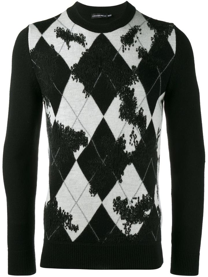 Alexander Mcqueen Distressed Argyle Knit Jumper, Men's, Size: Small, Black, Wool