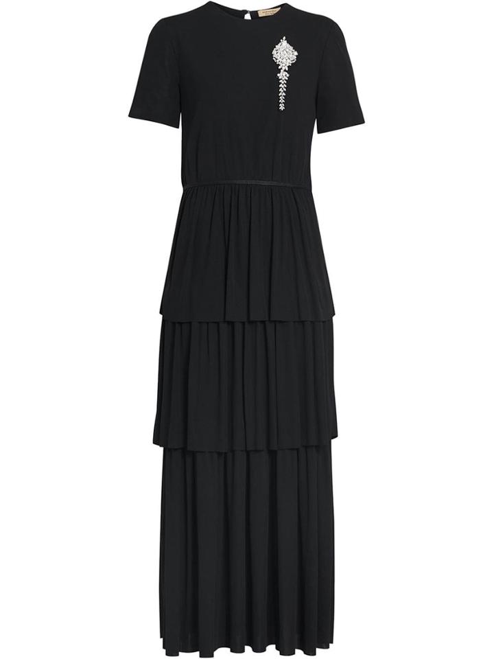 Burberry Crystal Brooch Detail Tiered Jersey Dress - Black