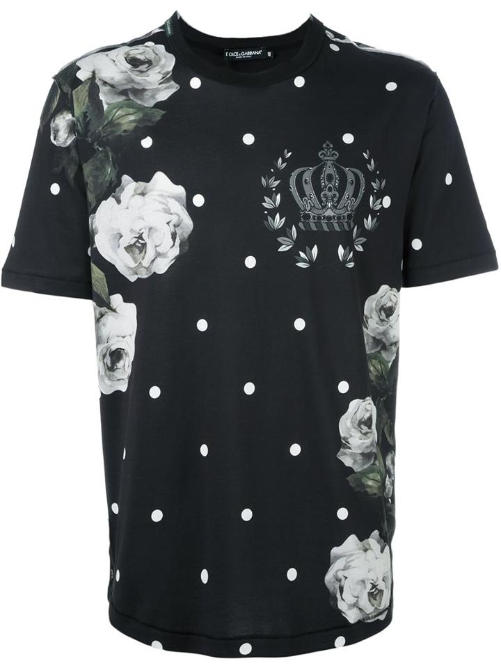Dolce & Gabbana Rose Print T-shirt, Men's, Size: 48, Black, Cotton