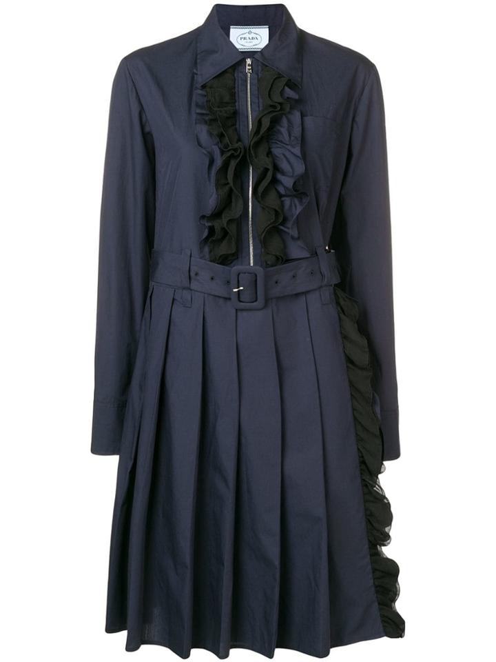 Prada Ruffled Midi Belted Dress - Blue