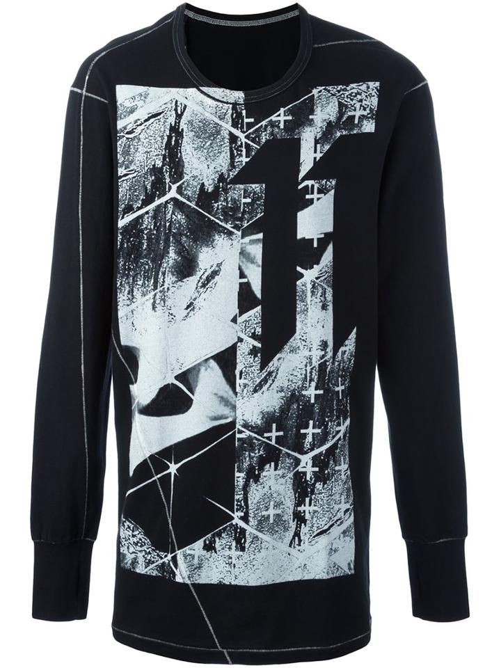 11 By Boris Bidjan Saberi Front Print Sweatshirt, Men's, Size: Medium, Black, Cotton