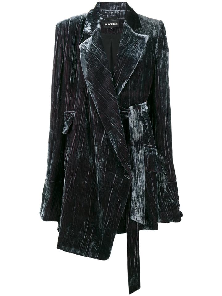 Ann Demeulemeester Velvet Oversized Asymmetrical Belted Blazer - Blue