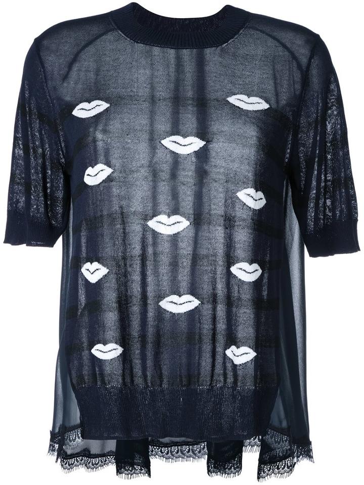 Muveil Lips Motif Knit T-shirt, Women's, Size: 38, Blue, Cotton/acetate