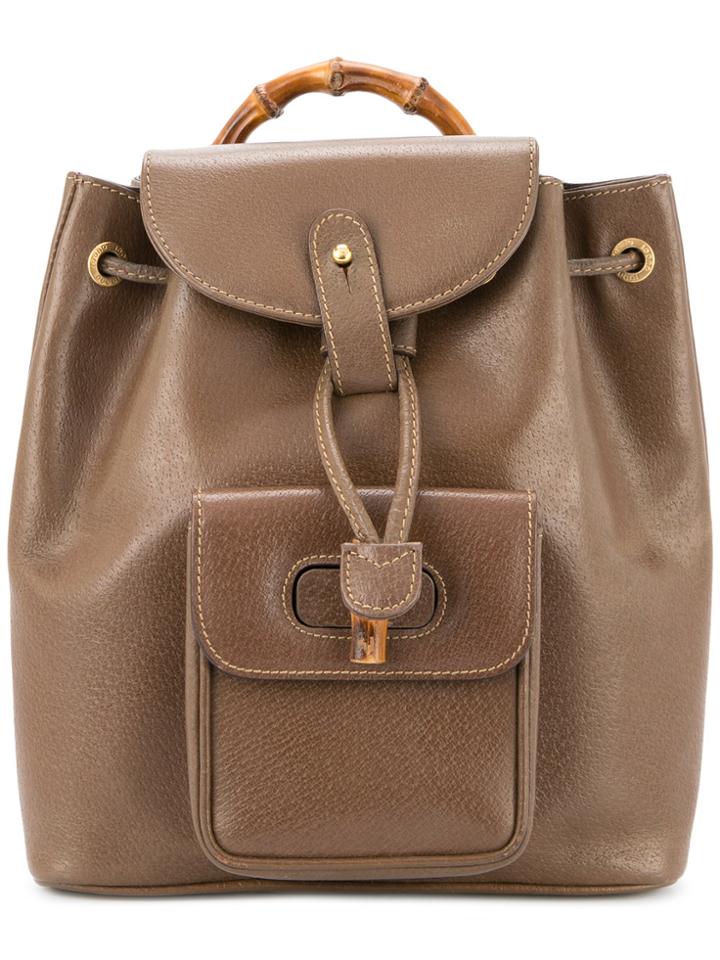 Gucci Vintage Bamboo Handle Drawstring Backpack - Brown