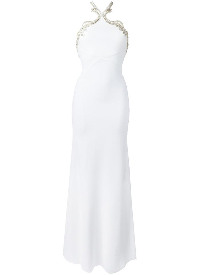 Roberto Cavalli Embroidered Halterneck Long Dress, Size: 42, White, Viscose/spandex/elastane/silk