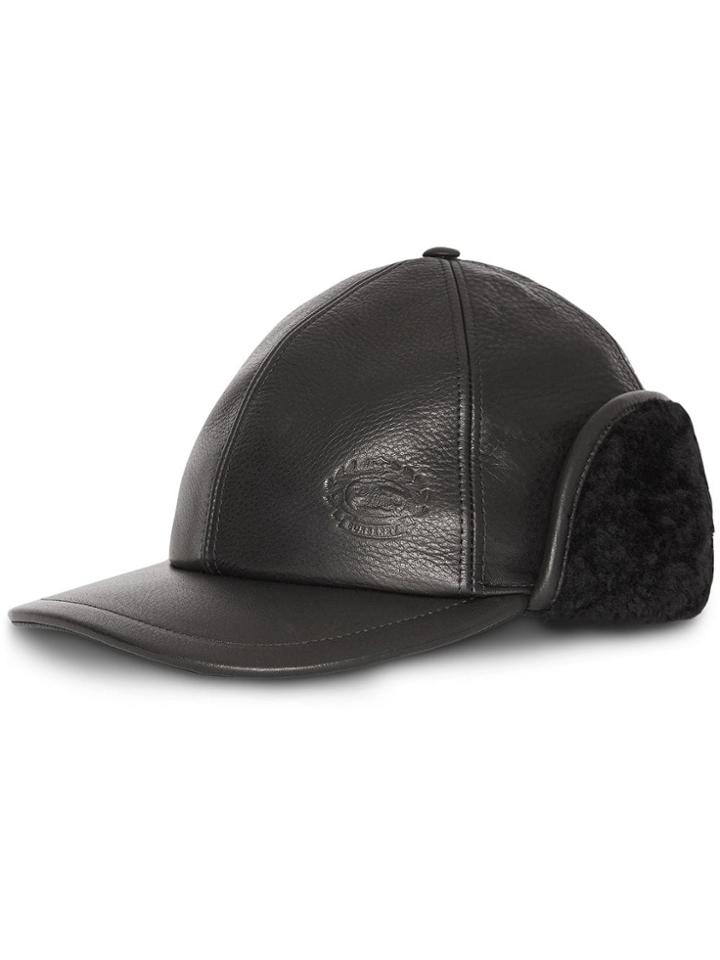 Burberry Shearling And Leather Baseball Cap - Black