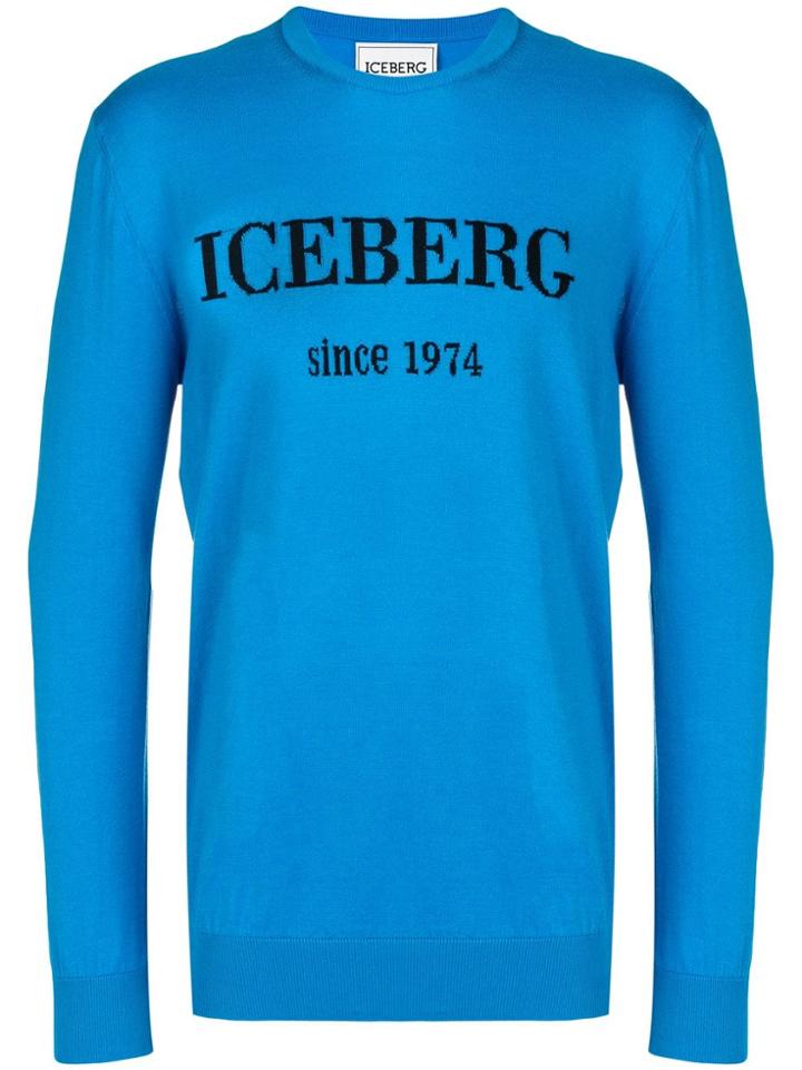 Iceberg Logo Print Slim Fit Jumper - Blue