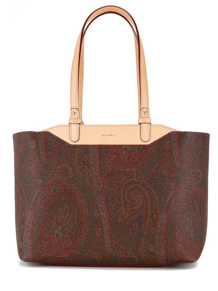 Etro Boxy, Paisley Print Tote Bag With Tan Handles, Women's, Calf Leather